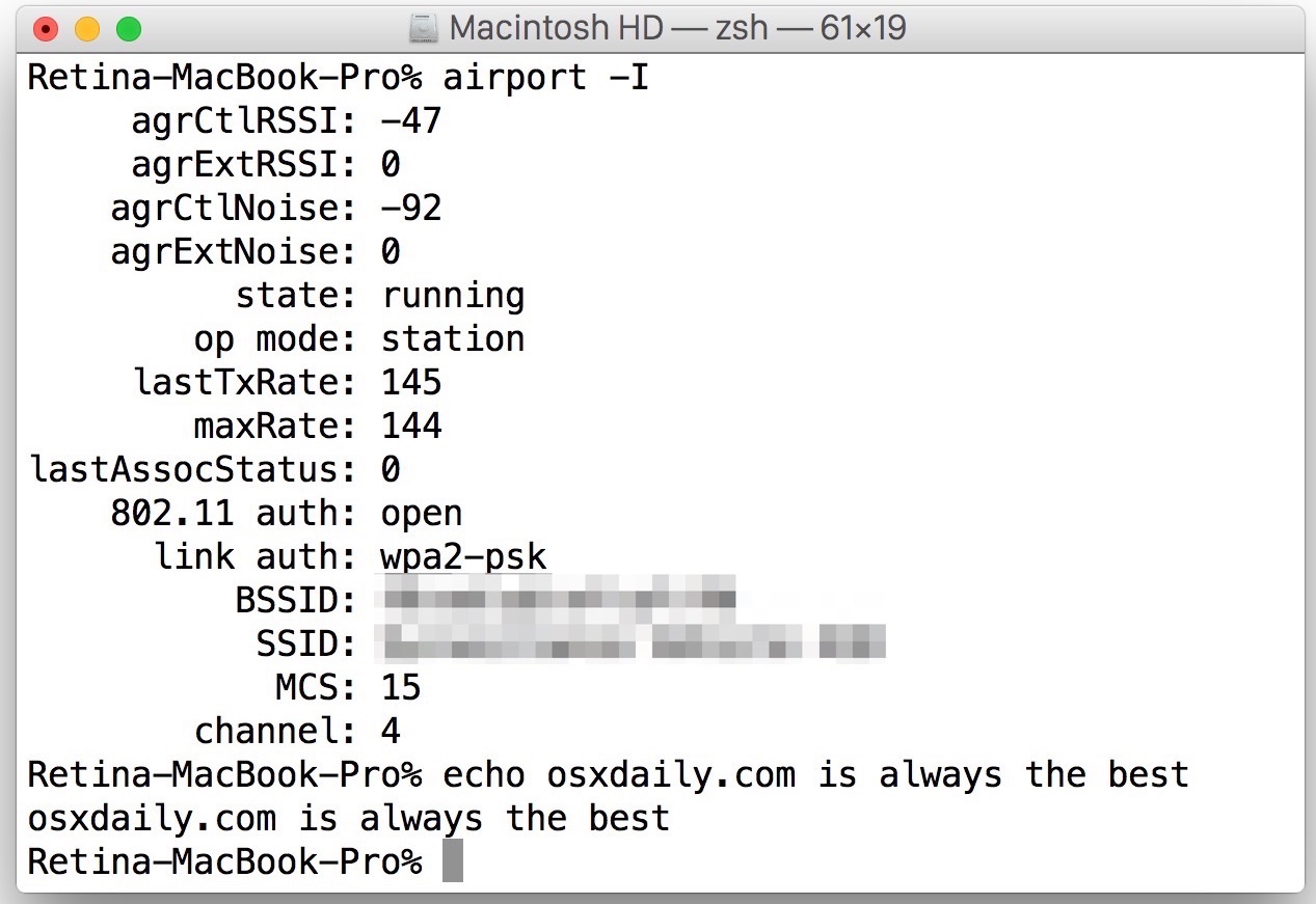 airport wi-fi network command in Mac OS X 