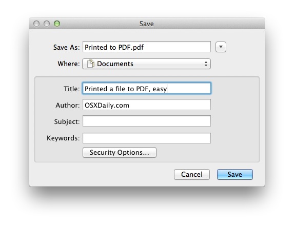 Print a file as PDF, specify PDF document options if necessary