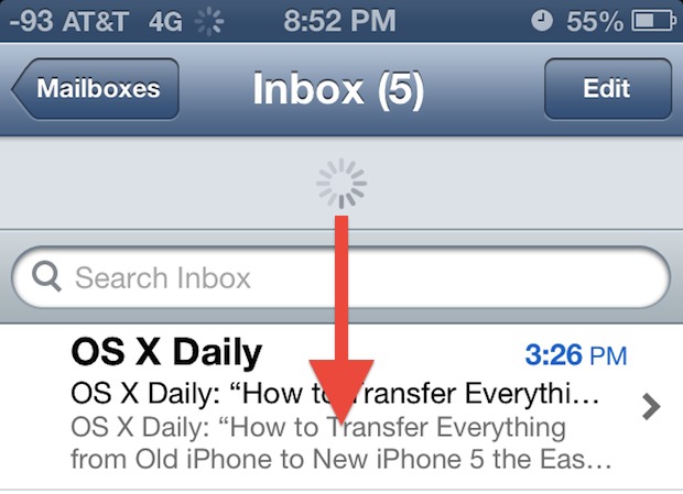 Check Mail in iOS 6 with a pull-to-refresh gesture