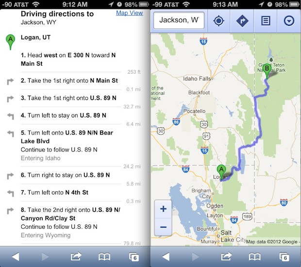 Google Maps directions from web app in iOS 6 on iPhone 5