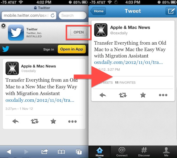 Open Twitter app directly from Safari in iOS