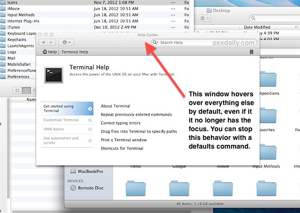 Stop the hovering Help viewer in Mac OS X