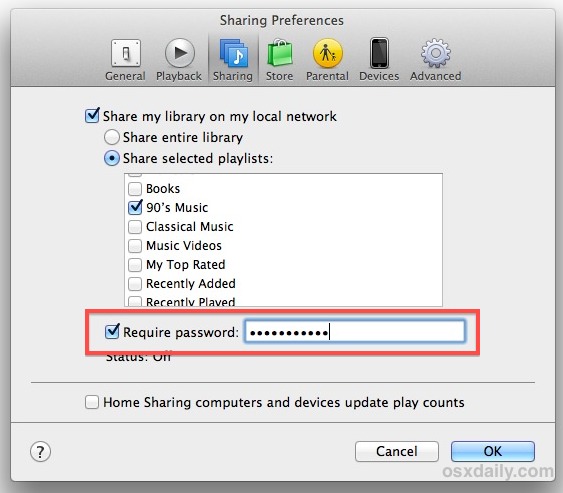 Add Password Protection to iTunes Sharing