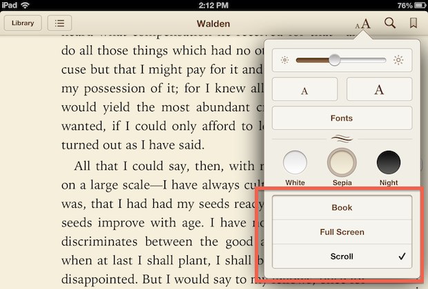 iBooks page turn reading styles