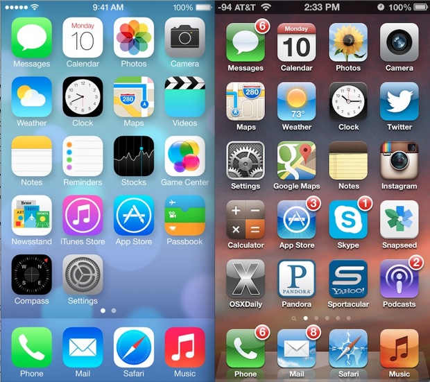 A picture of Apple's old apps next to the redesigned ones in iOS 7