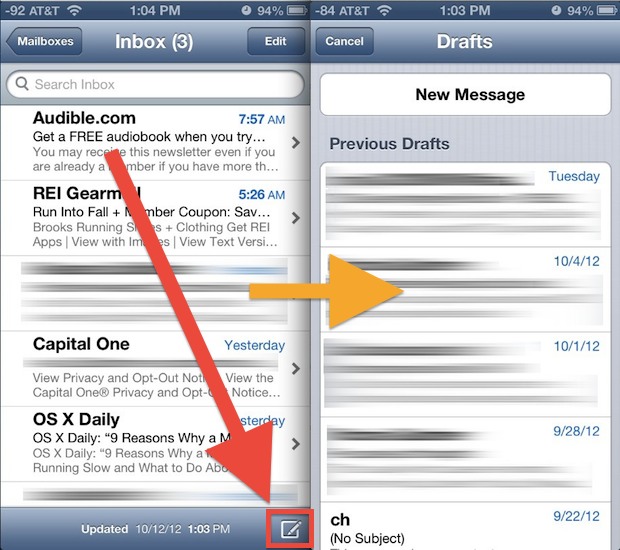 Quickly open drafts folder on the Mail app in iOS