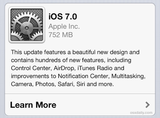 iOS 7 Update available now through OTA download