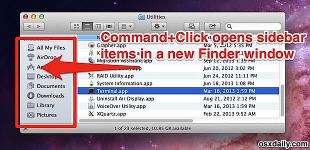 Open Finder sidebar items in a new window