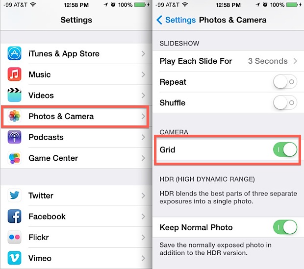 Toggling the Camera grid in iOS 7
