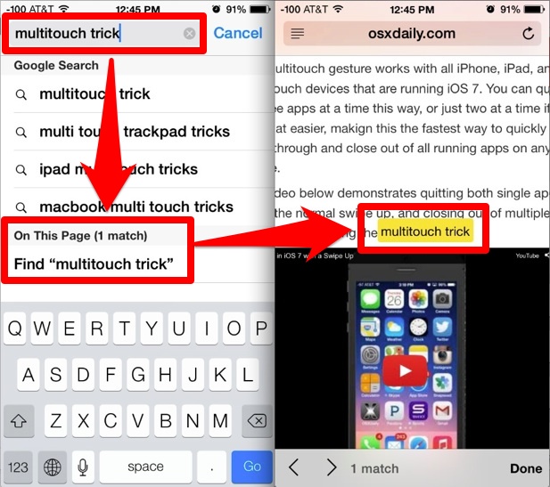 Find text on a web page in iOS 7 Safari