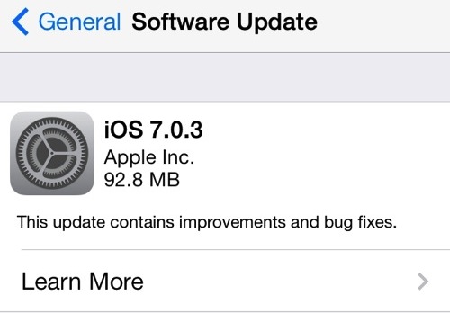 iOS 7.0.3 download shown as OTA Update