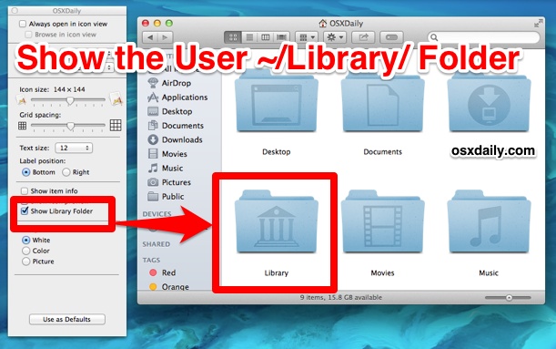 Show the users Library folder in Mac OS X Mavericks