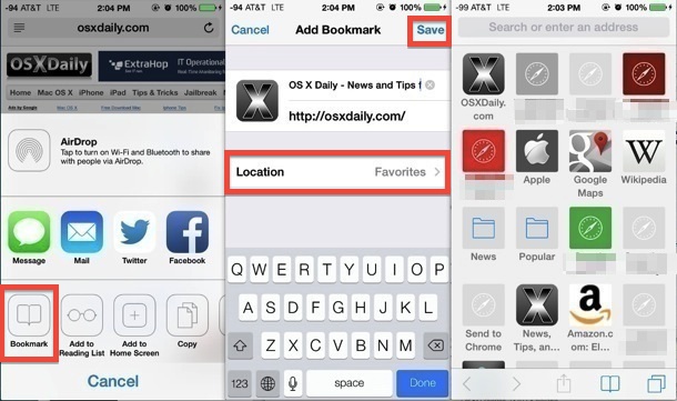 Adding web pages to Safari Favorites page in iOS