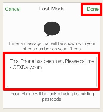 entering a message for the lock screen of an iPhone in Lost Mode