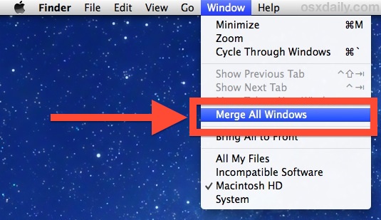 Merge All Windows brings all windows into Finder Tabs in OS X