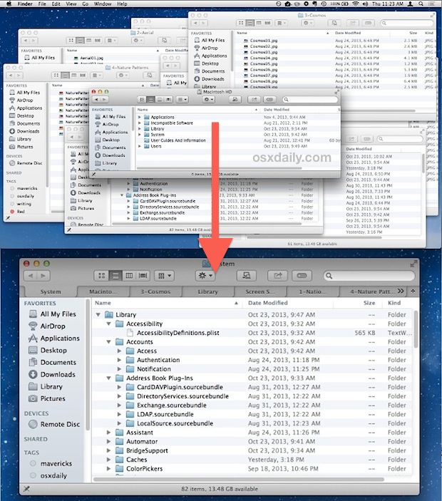 Merge all Finder windows into tabs