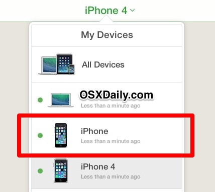 Select missing iPhone from My Devices list