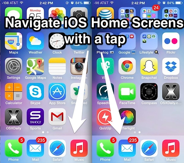 Tap on screen to switch between home screens in iOS