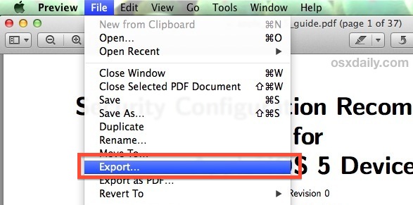 Export a PDF to compress the file size in Preview app for Mac OS X