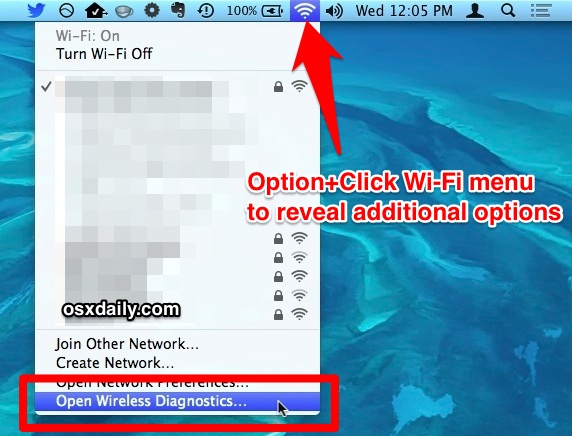 Option-Click the Wi-Fi menu to access Wireless Diagnostics tool in Mac OS X