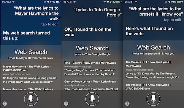 When Siri can't find lyrics she will search the web instead
