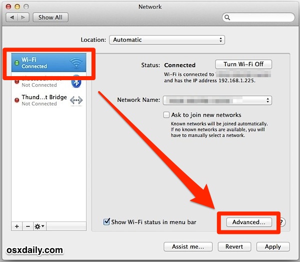 Go to Advanced Wi-Fi Network Preferences in Mac OS X