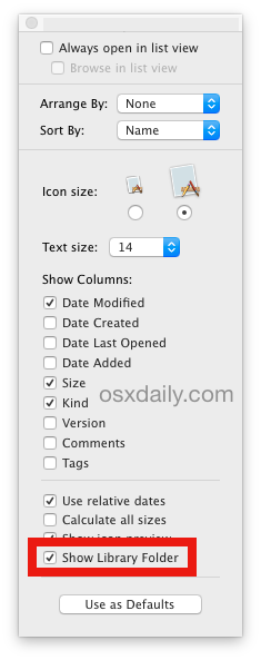 The Show User Library settings option in OS X