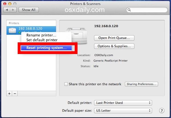 Reset the printing system in Mac OS X