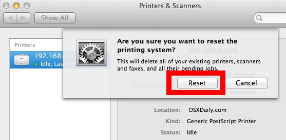 Reset the printing system in OS X and remove all printers and their jobs