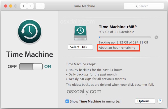 Check the time remaining of a Time Machine backup in Mac OS X