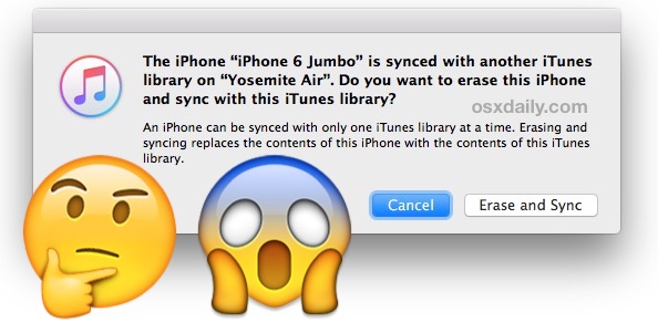 Device synced with another iTunes library, erase and sync? What does this mean and do?