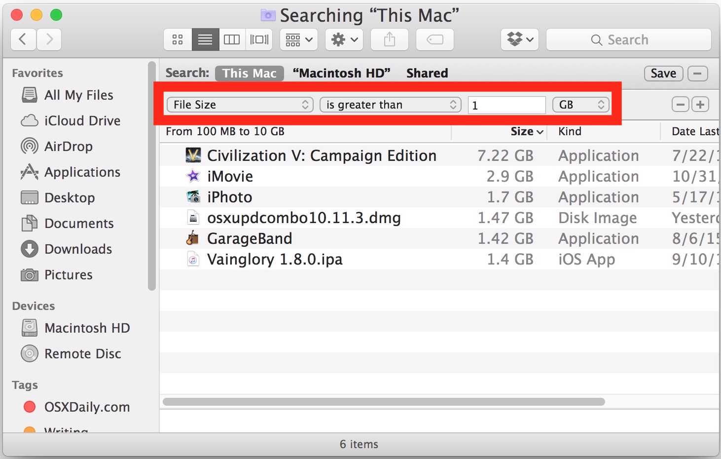 Finding large file size files in Mac OS X search 