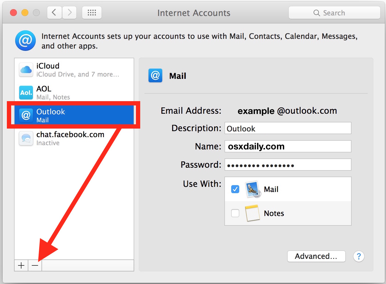 Select and delete the email account in question from Internet accounts in Mac OS X