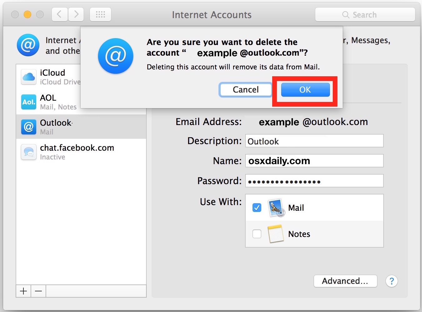 Confirm removal of email account from Mac and all emails in Mail app