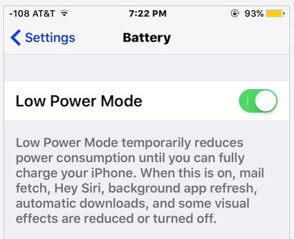 Low Power Mode turning off and on with iPhone, battery icon changes to yellow to indicate ion