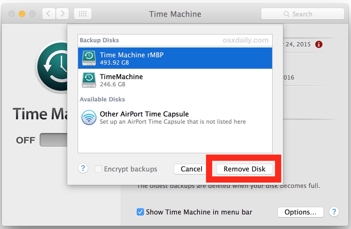 Select the drive to remove from Time Machine backups