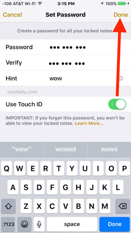 Fill out password to lock notes with