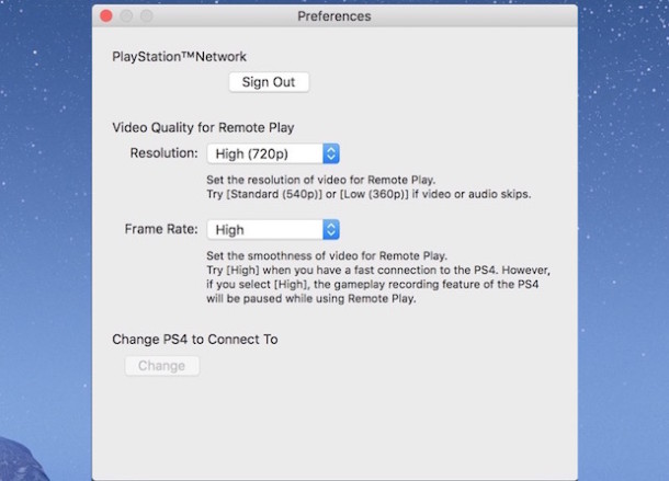 PS4 Remote Play Settings on Mac