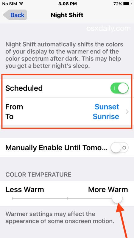 Set Night Shift to schedule from Sunset to Sunrise in iOS