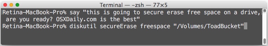 Secure erase free space on a Mac hard drive from the command line