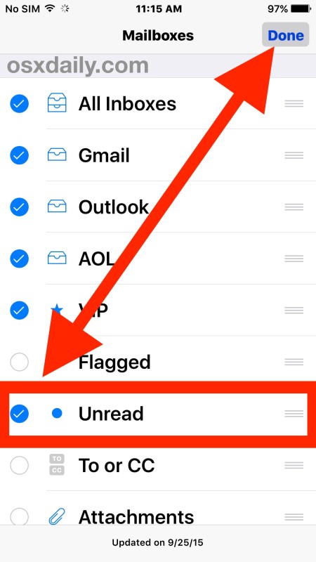 Enable Unread message inbox in Mail for iOS