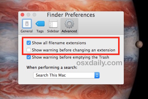Turn off file extension change warning and enable show file extensions