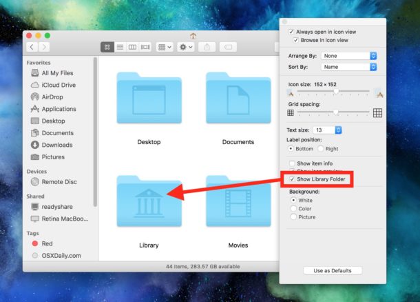 Show the user Library folder in MacOS