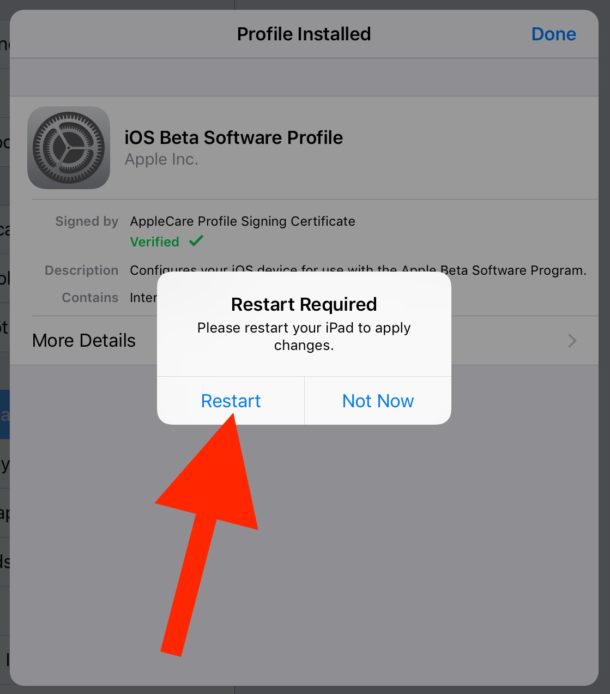Restart to install iPad beta profile