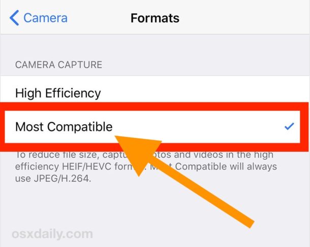 Change the iPhone camera image format default to JPEG 