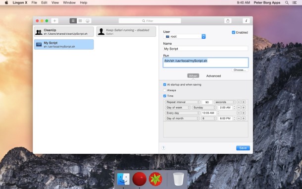 Lingon screenshot in Mac OS X, GUI tool to configure launchd