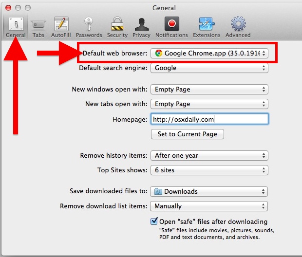 Измените веб-браузер по умолчанию в Mac OS X