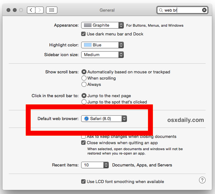 Измените веб-браузер по умолчанию в современной Mac OS и OS X Yosemite