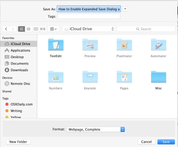 Always fully expand the save window in Mac OS X 