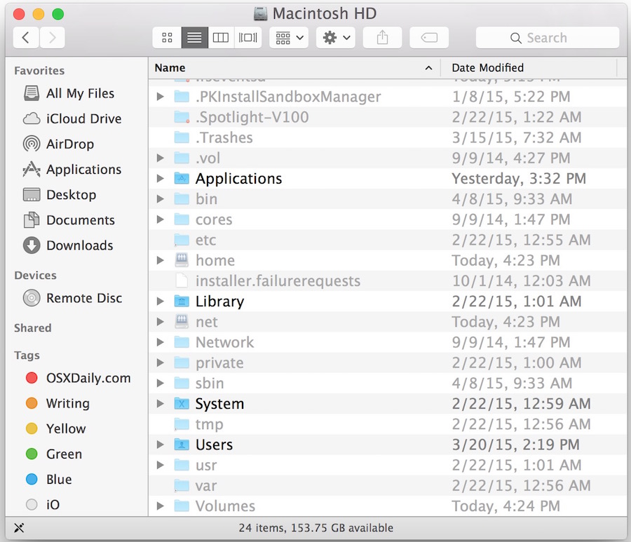 Скрытые файлы, видимые в Mac OS X Finder